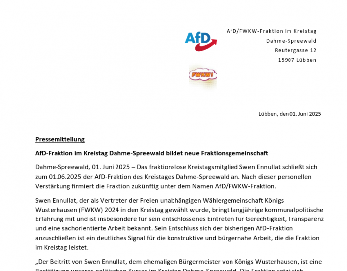 Pressemitteilung 01.06.25: Fraktionsgemeinschaft AfD - FWKW